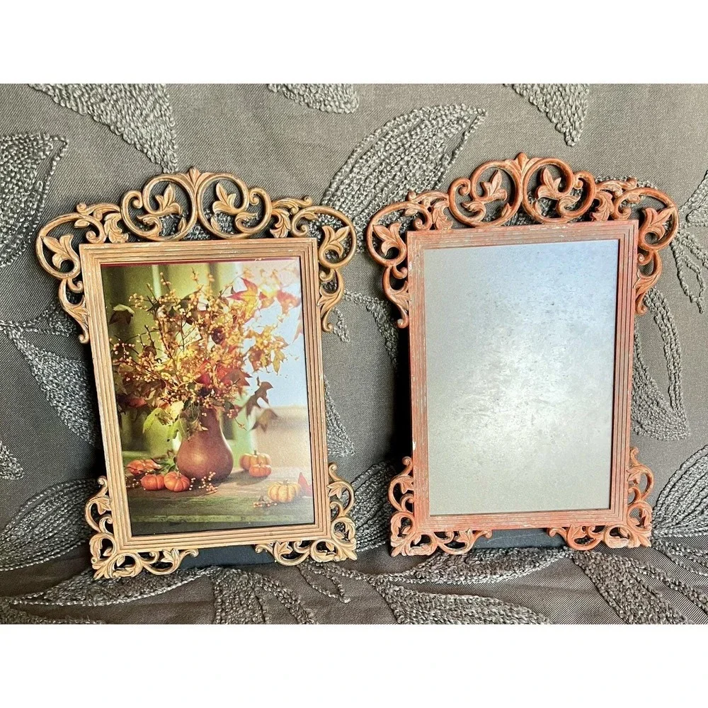 Metal Free Standing Frames Pair (2) Orange Ornate Matte Glass Taiwan Autumn Fall